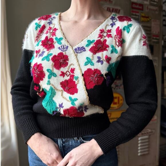 Vintage Sweaters - Vintage 80s Beaded Angora Sweater | Floral Wrap Knit | Appliqué Holiday| Size M